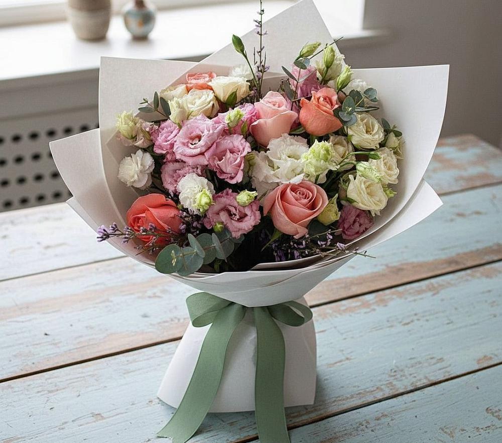 Букет цветов из: Розы, Лизиантусы и Гвоздики в Нагутском