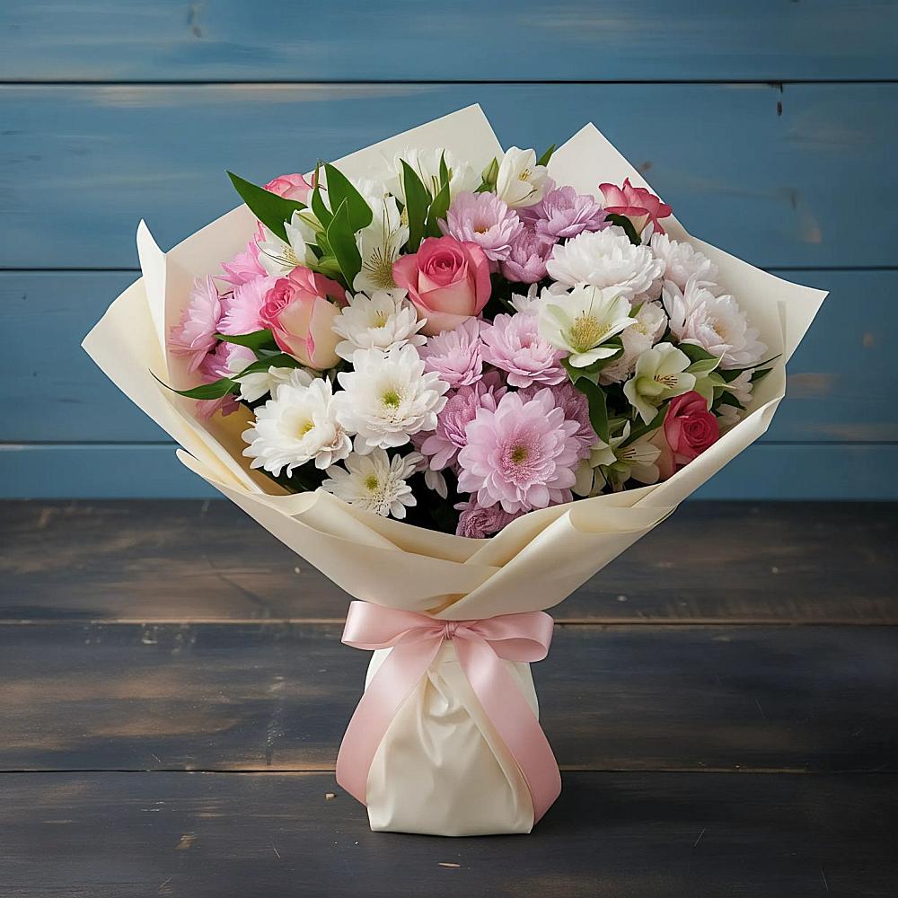 Букет цветов из: Хризантемы, Альстромерии и Розы в Нагутском